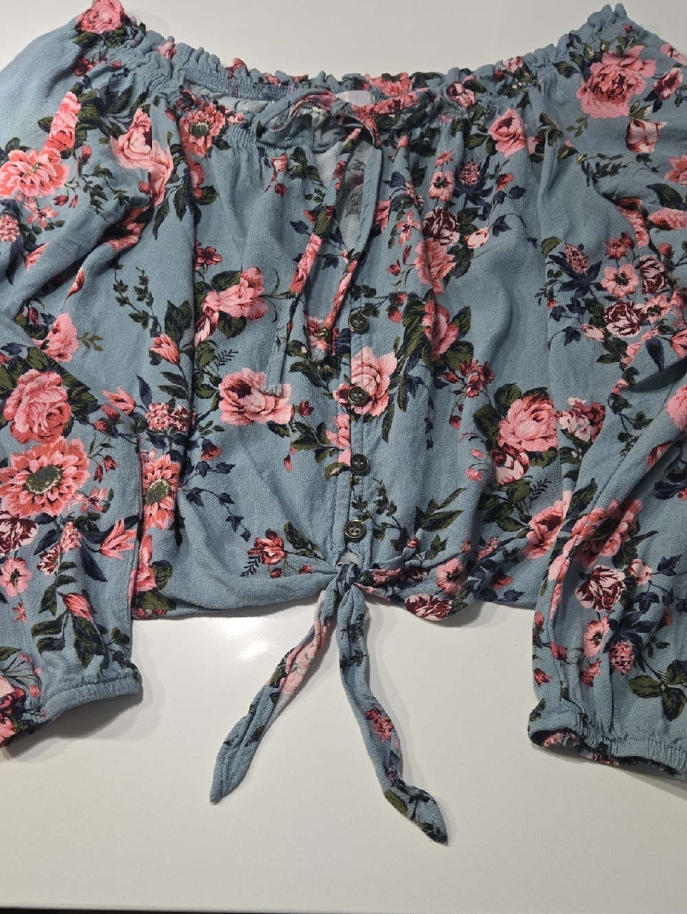 Jolt Blue Floral Tie-Front Crop Top with Pink Flowers